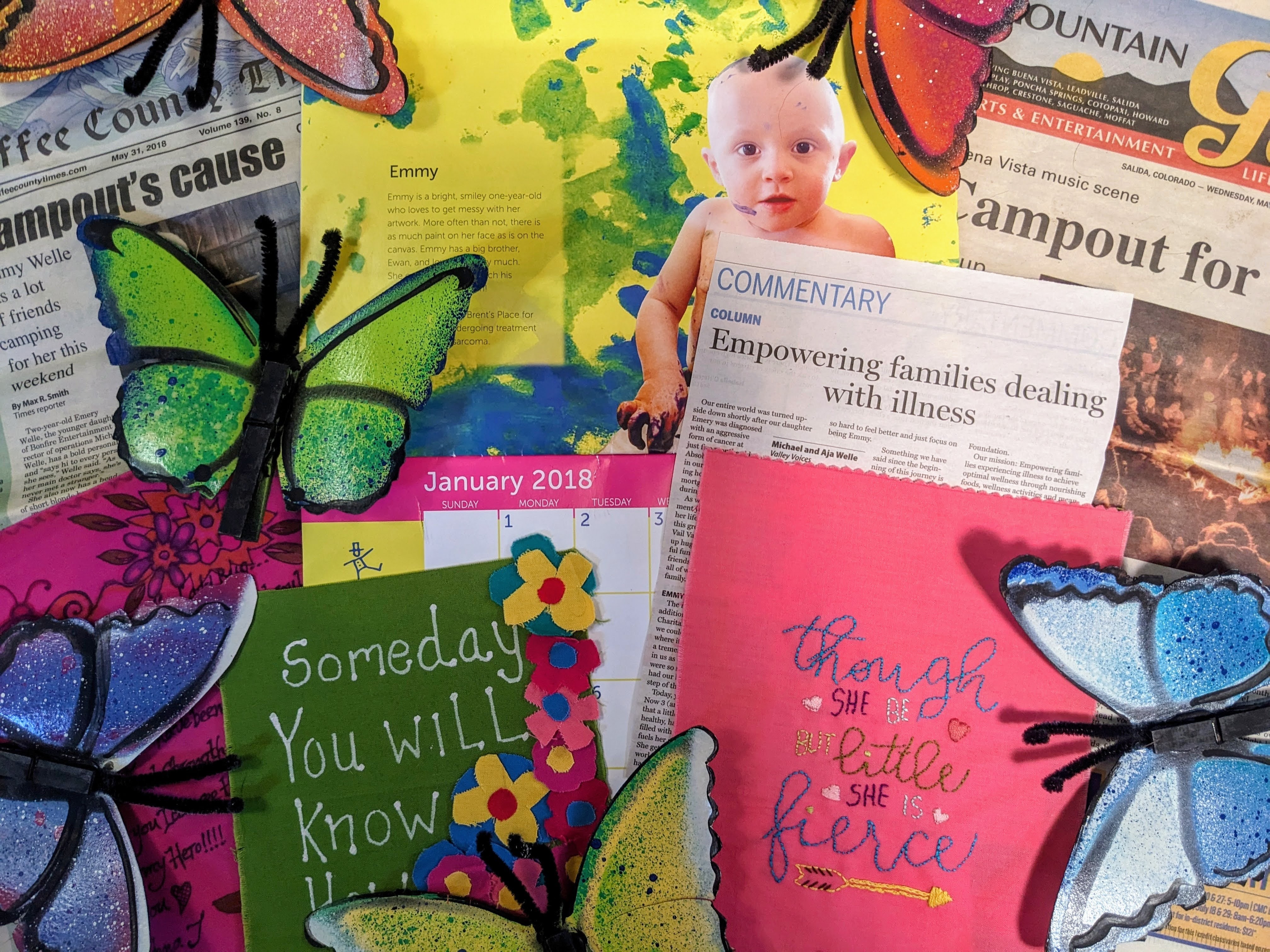 Archive collage of newspaper clippings, letters, and mementos from Emmy's story